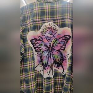 Recycled Watercolor Butterfly Green and Pink Plaid Flannel Shirt Size XXL